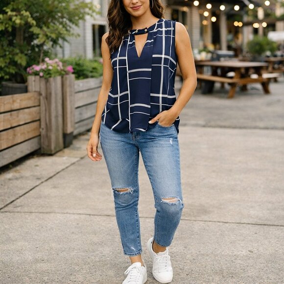 Zara Tops - Zara Basic Navy Blue White Casual Blouse Top Snap Neck Collar Striped Nautical
